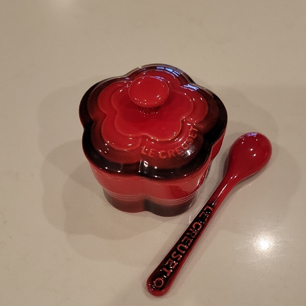 Le Creuset Retired Cayenne Red Flower Ramekin With Spoon